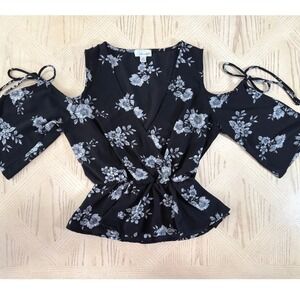 90s Black Floral Cold Shoulder Blouse Top V-Neck Fairy Boho Hippie Cottage Y2K S